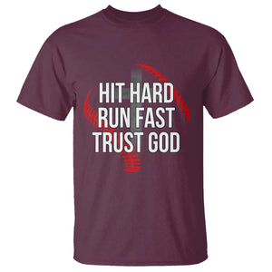 Hit Hard Run Fast Trust God Christian Baseball T Shirt TS11 Maroon Print Your Wear