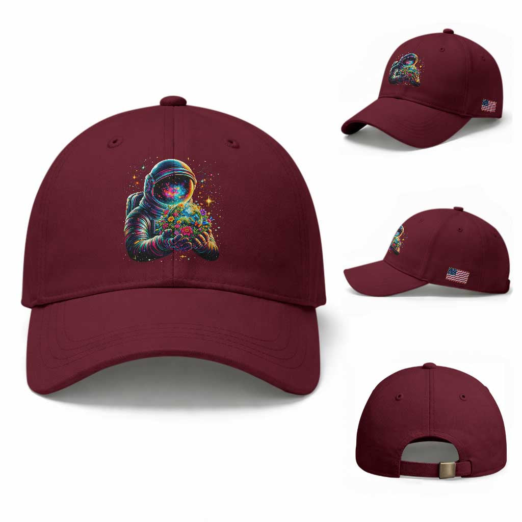 Astronaut Earth Flowers Spaceman Planet Galaxy Universe Baseball Cap TS11 Baseball Cap Universal Fit Maroon Print Your Wear