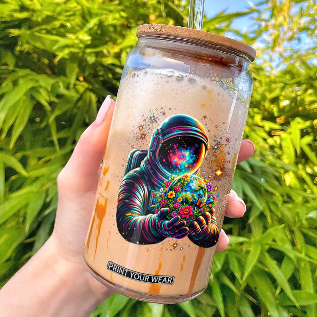 Astronaut Earth Flowers Spaceman Planet Galaxy Universe Glass Can TS11 Black Print Your Wear