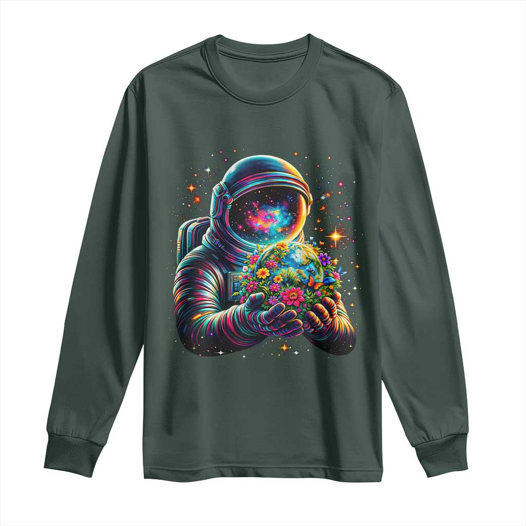 Astronaut Earth Flowers Spaceman Planet Galaxy Universe Long Sleeve Shirt TS11 Dark Forest Green Print Your Wear