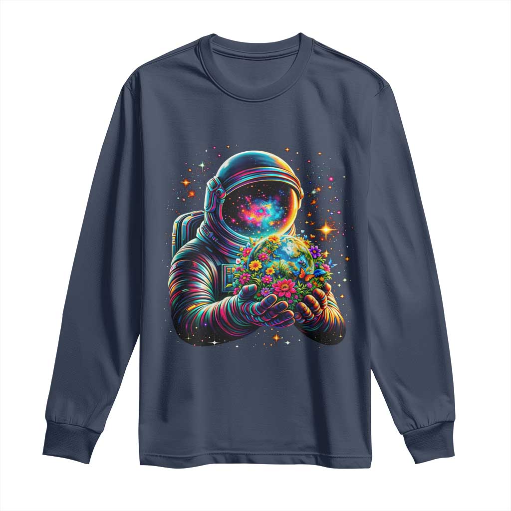 Astronaut Earth Flowers Spaceman Planet Galaxy Universe Long Sleeve Shirt TS11 Navy Print Your Wear