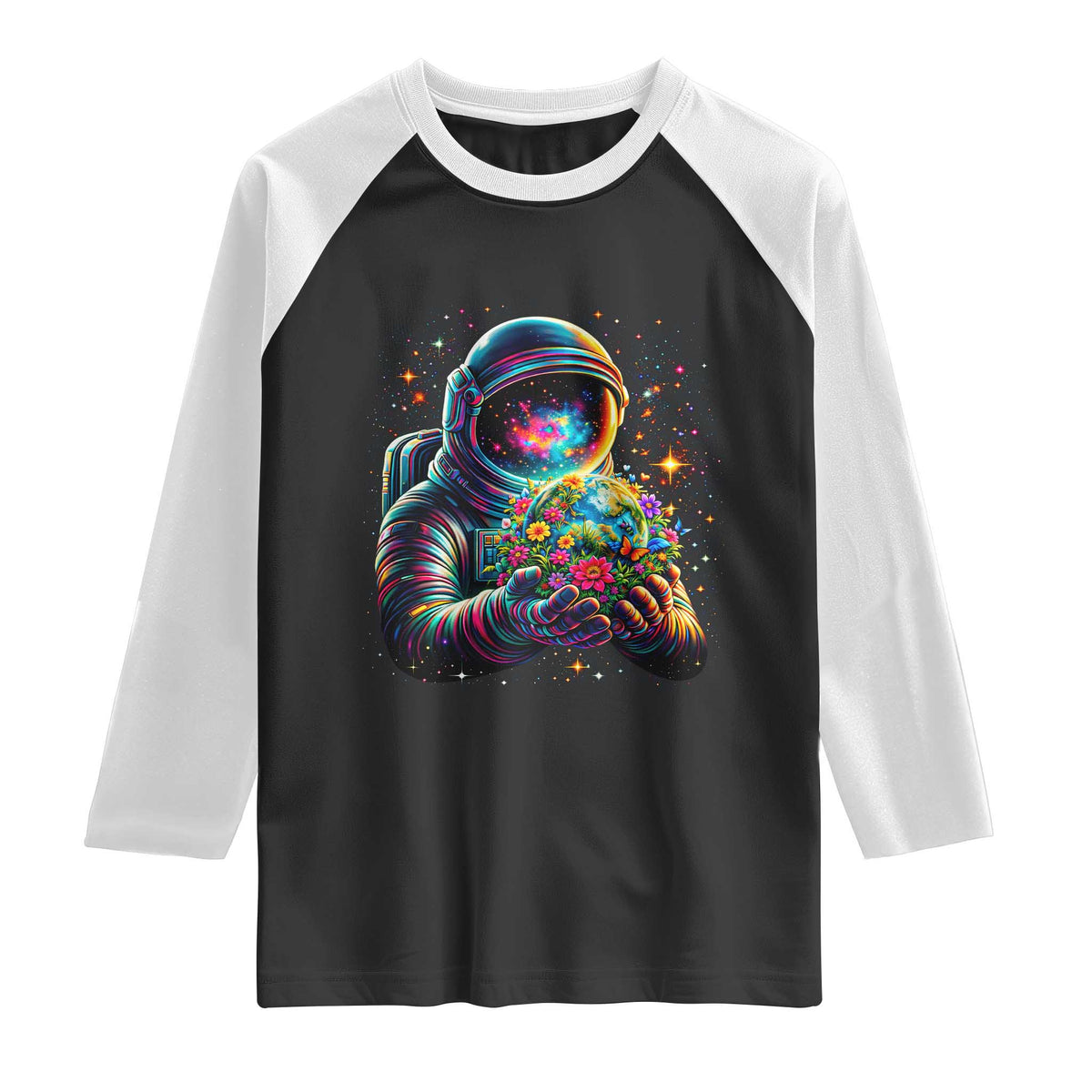 Astronaut Earth Flowers Spaceman Planet Galaxy Universe Raglan Shirt TS11 Black White Print Your Wear