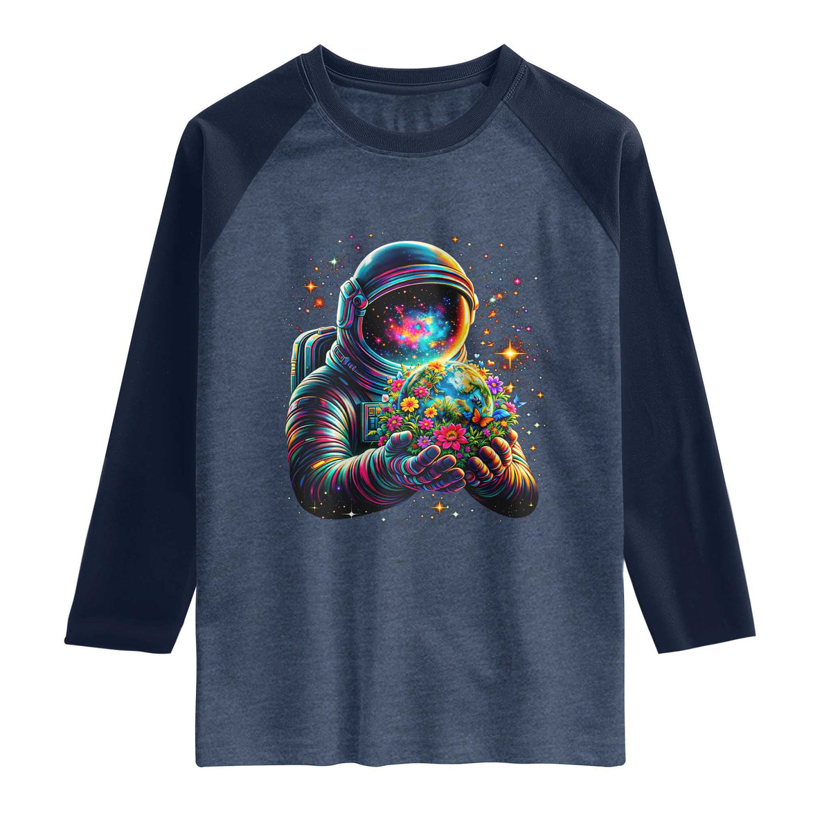 Astronaut Earth Flowers Spaceman Planet Galaxy Universe Raglan Shirt TS11 Heather Denim Navy Print Your Wear