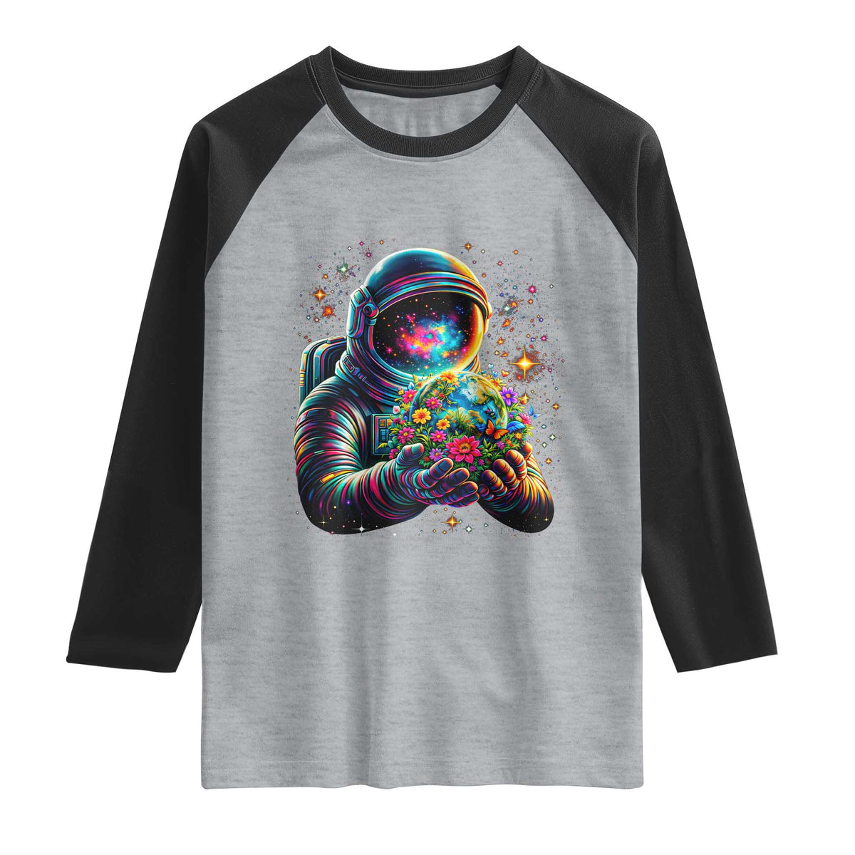 Astronaut Earth Flowers Spaceman Planet Galaxy Universe Raglan Shirt TS11 Heather Gray Black Print Your Wear