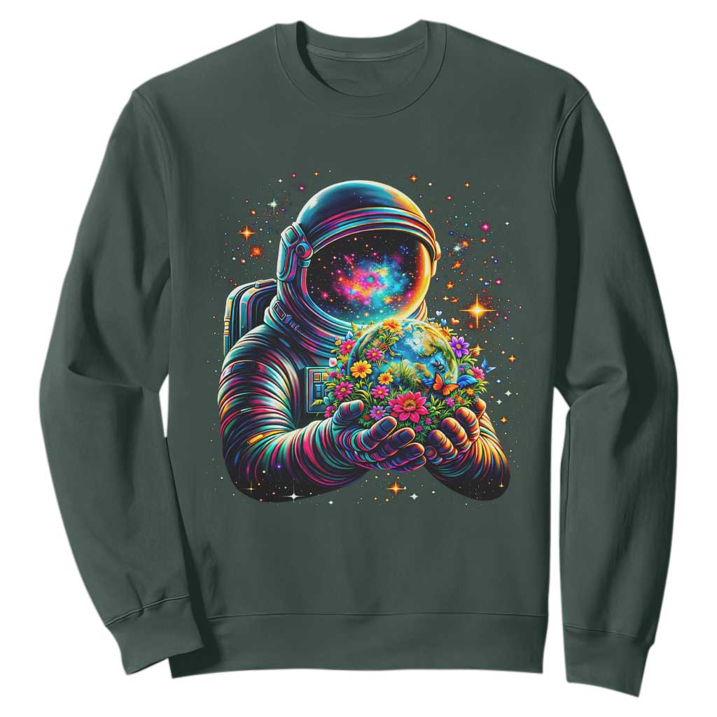 Astronaut Earth Flowers Spaceman Planet Galaxy Universe Sweatshirt TS11 Dark Forest Green Print Your Wear