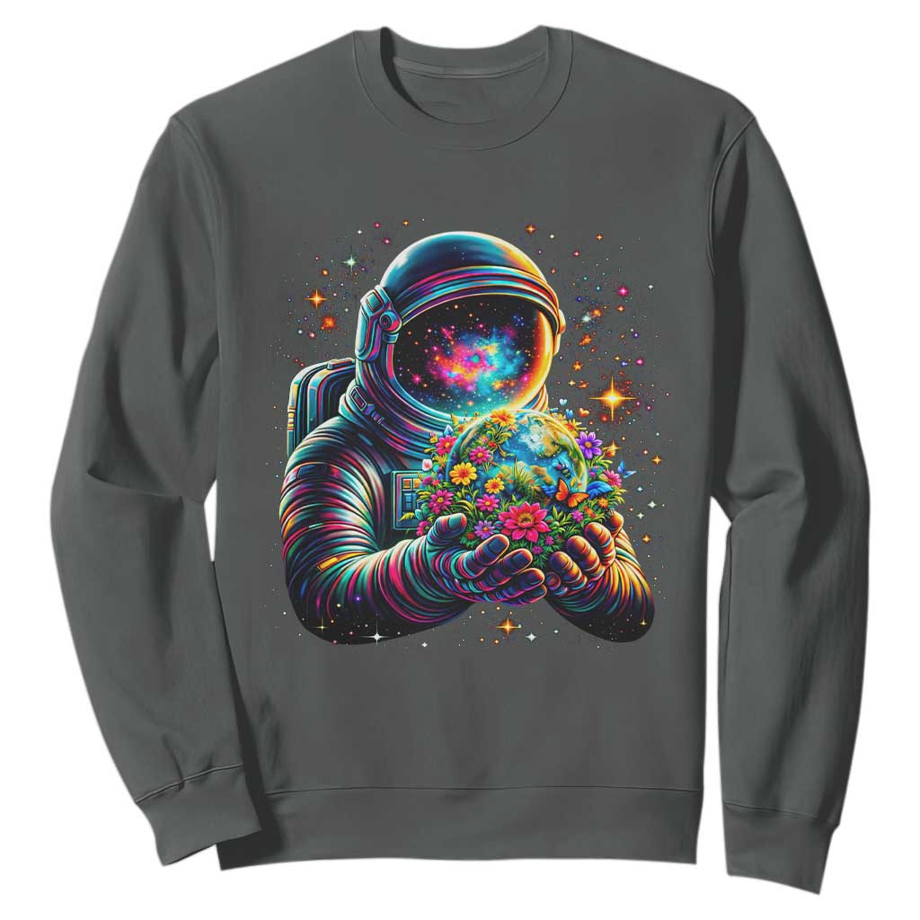Astronaut Earth Flowers Spaceman Planet Galaxy Universe Sweatshirt TS11 Dark Heather Print Your Wear