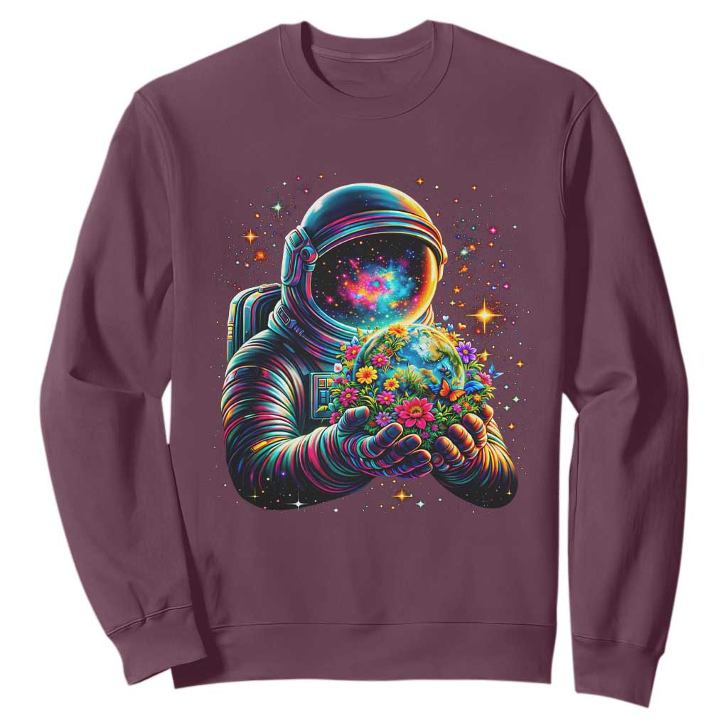 Astronaut Earth Flowers Spaceman Planet Galaxy Universe Sweatshirt TS11 Maroon Print Your Wear