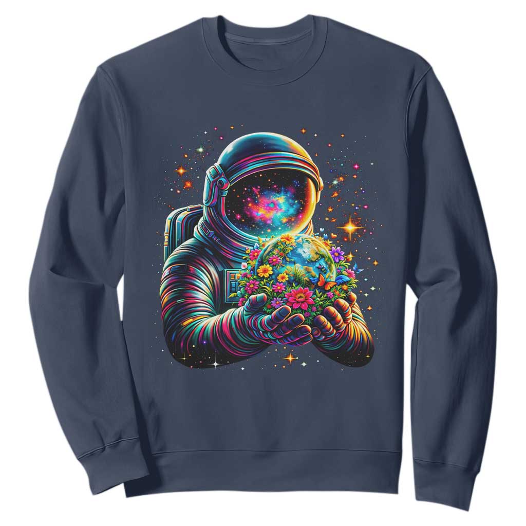Astronaut Earth Flowers Spaceman Planet Galaxy Universe Sweatshirt TS11 Navy Print Your Wear