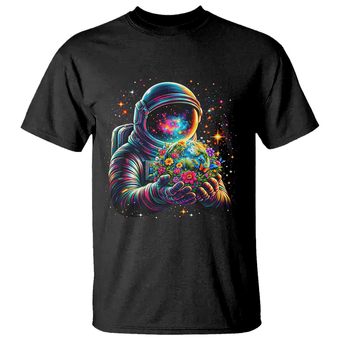 Astronaut Earth Flowers Spaceman Planet Galaxy Universe T Shirt TS11 Black Print Your Wear