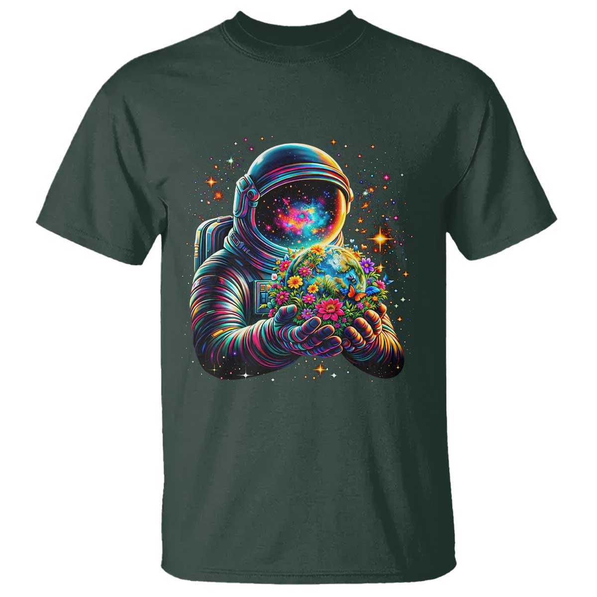 Astronaut Earth Flowers Spaceman Planet Galaxy Universe T Shirt TS11 Dark Forest Green Print Your Wear