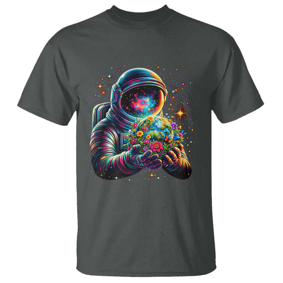 Astronaut Earth Flowers Spaceman Planet Galaxy Universe T Shirt TS11 Dark Heather Print Your Wear