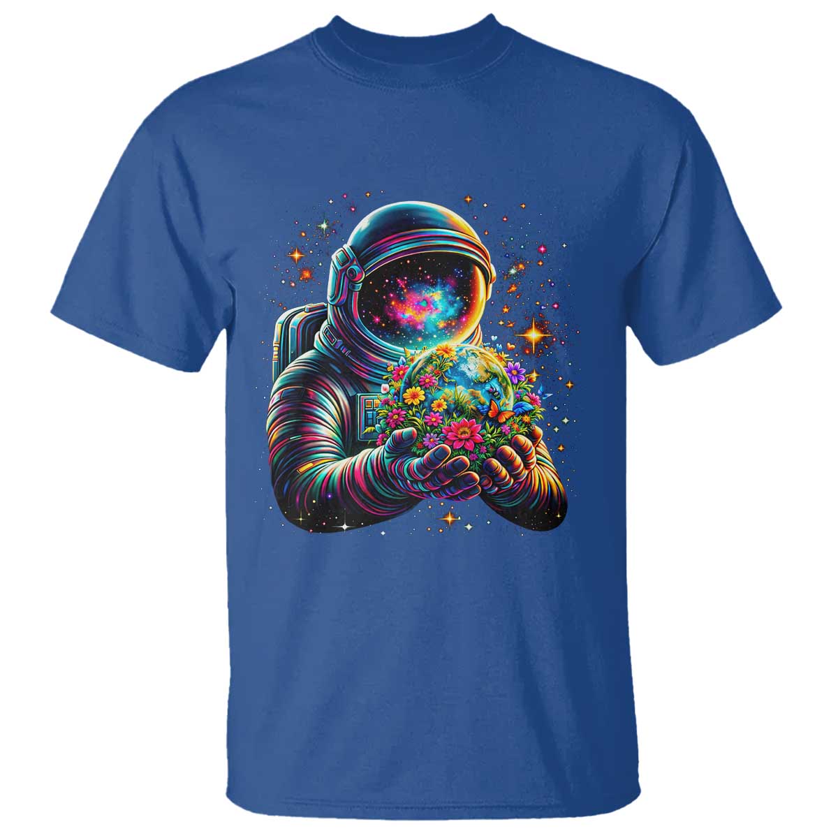 Astronaut Earth Flowers Spaceman Planet Galaxy Universe T Shirt TS11 Royal Blue Print Your Wear