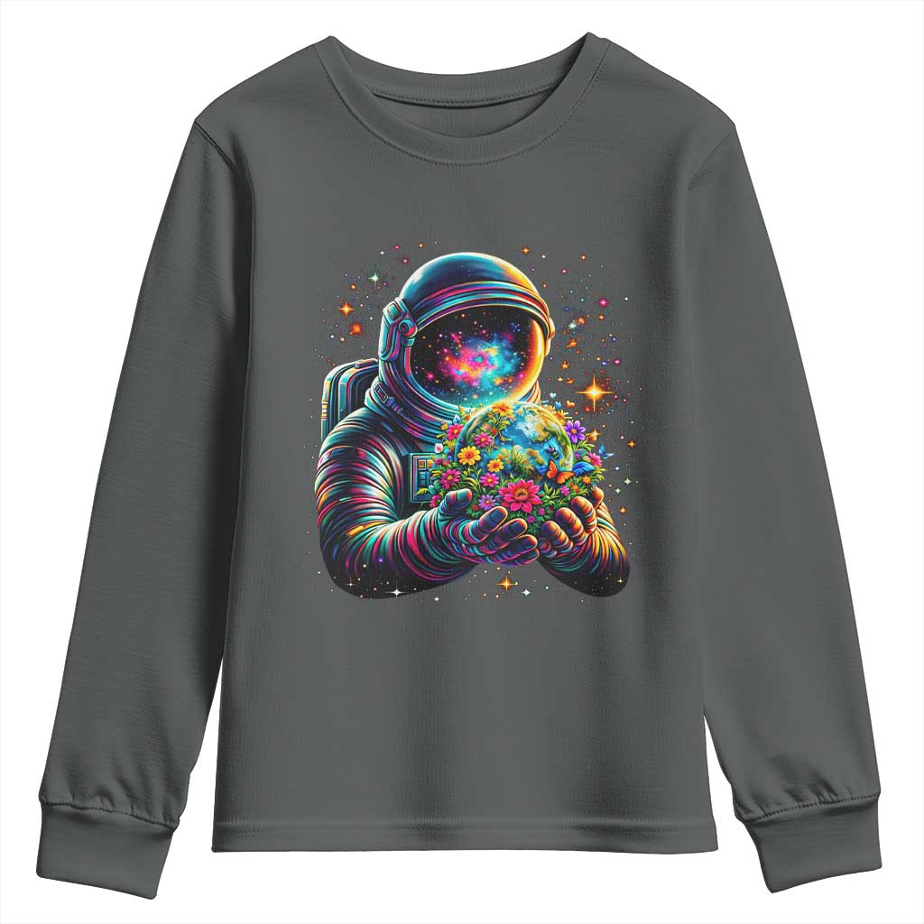 Astronaut Earth Flowers Spaceman Planet Galaxy Universe Youth Sweatshirt TS11 Dark Heather Print Your Wear