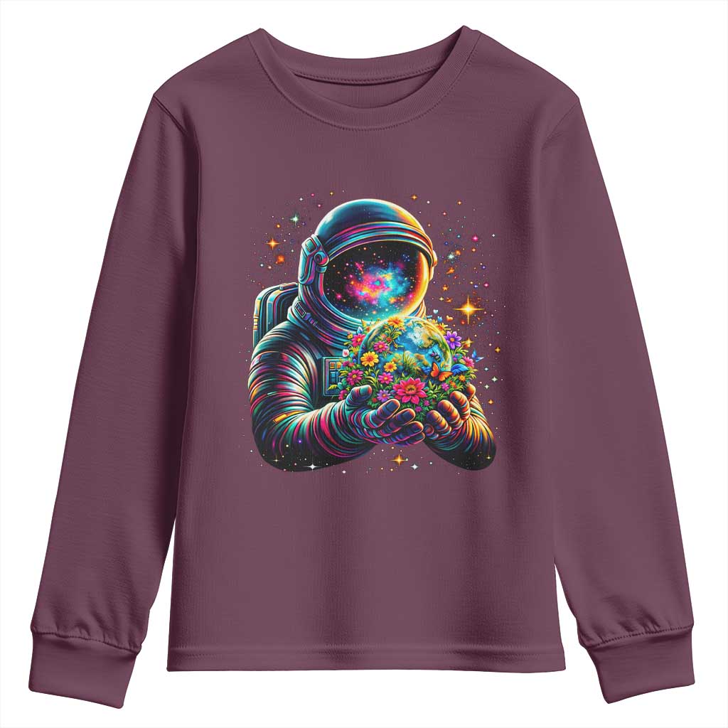 Astronaut Earth Flowers Spaceman Planet Galaxy Universe Youth Sweatshirt TS11 Maroon Print Your Wear