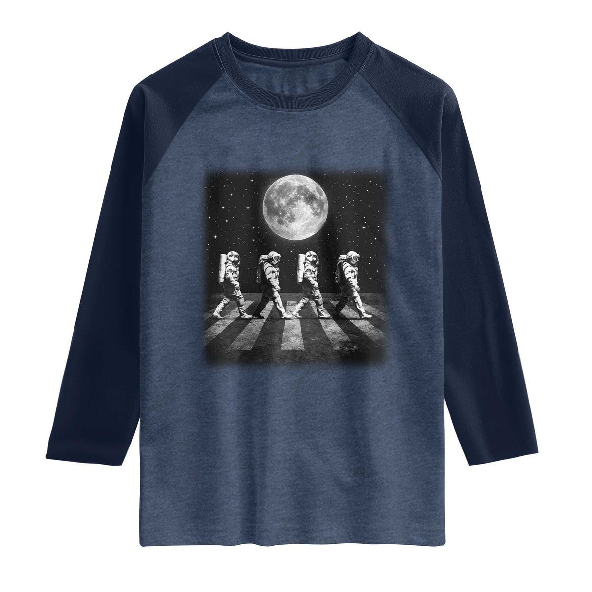 Astronauts Walking In Space Galaxy Moon Planet Raglan Shirt TS11 Heather Denim Navy Print Your Wear
