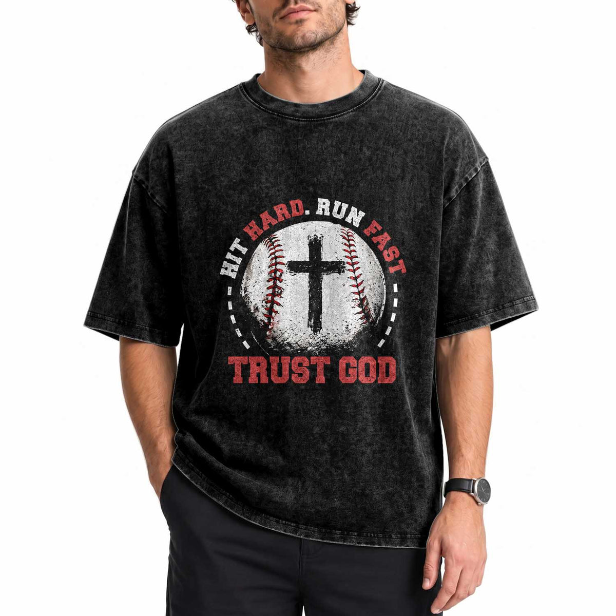 Hit Hard Run Fast Trust God Washed Cotton T-Shirt Christian Baseball