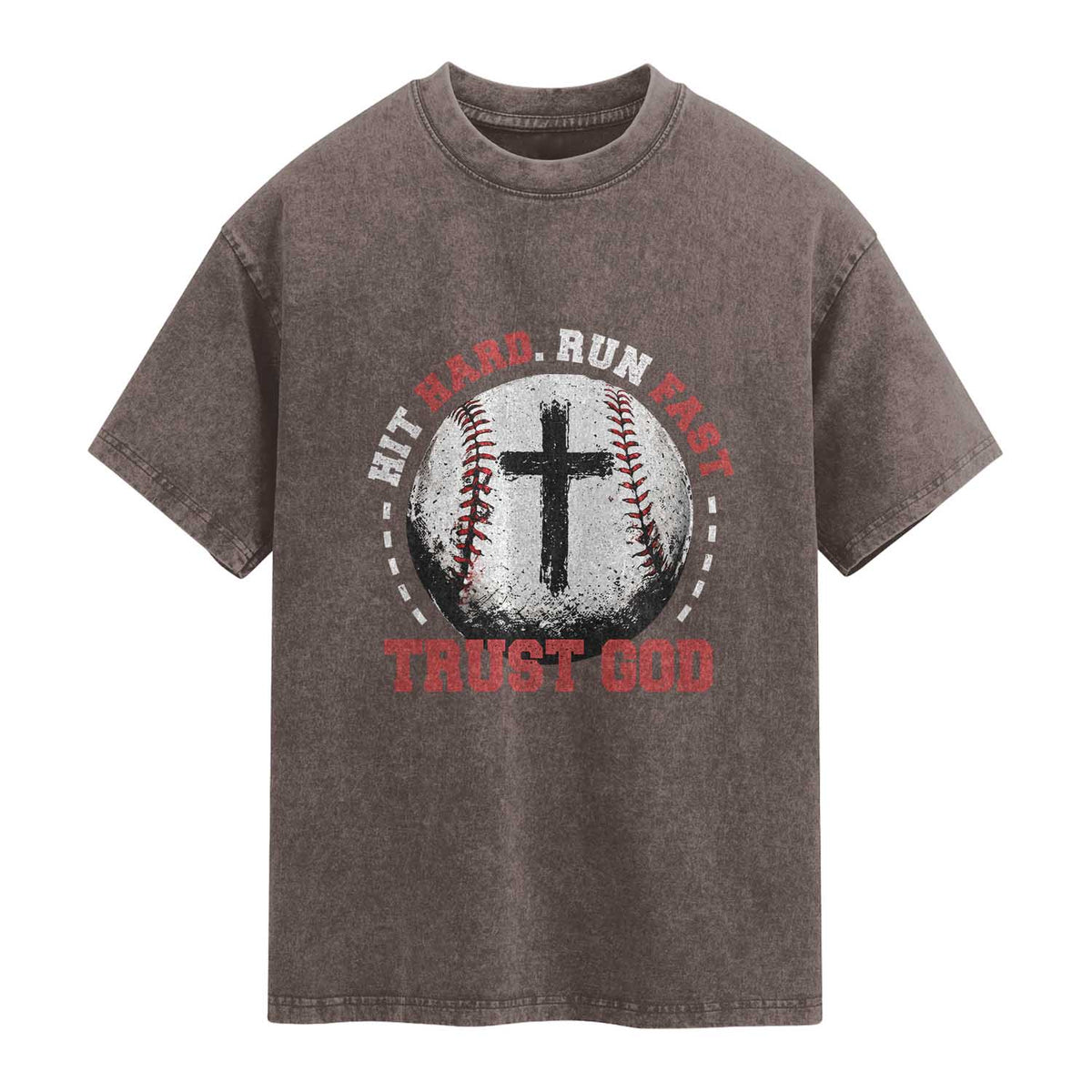 Hit Hard Run Fast Trust God Washed Cotton T-Shirt Christian Baseball