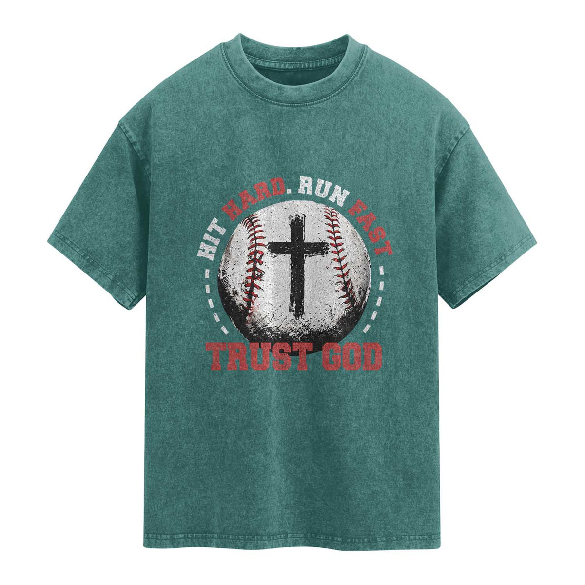 Hit Hard Run Fast Trust God Washed Cotton T-Shirt Christian Baseball