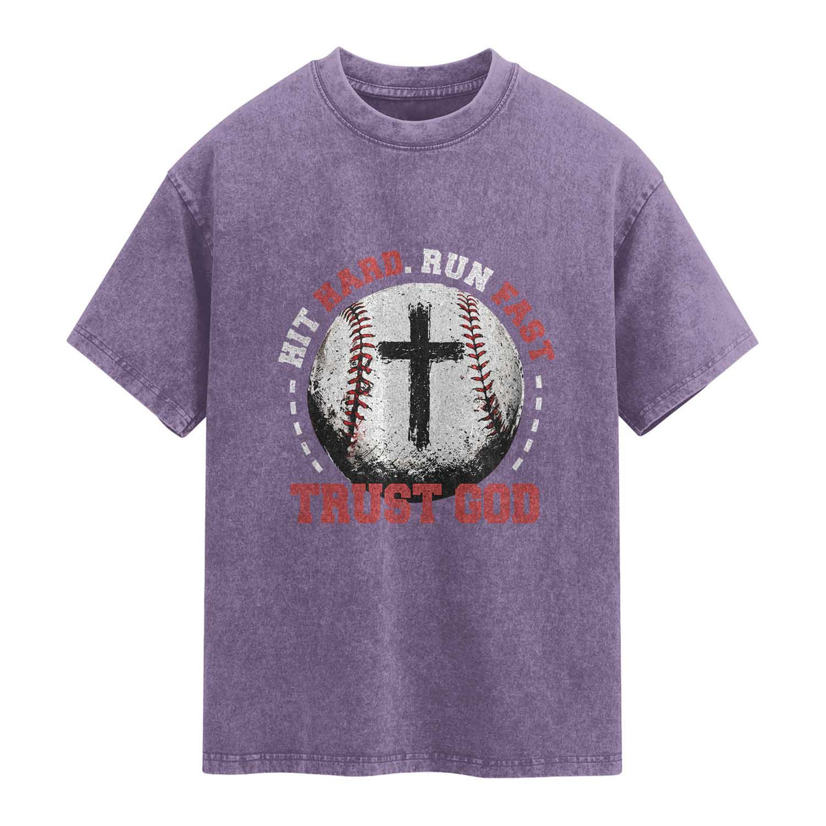 Hit Hard Run Fast Trust God Washed Cotton T-Shirt Christian Baseball