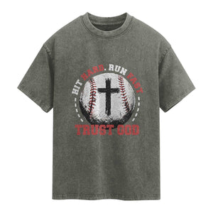 Hit Hard Run Fast Trust God Washed Cotton T-Shirt Christian Baseball
