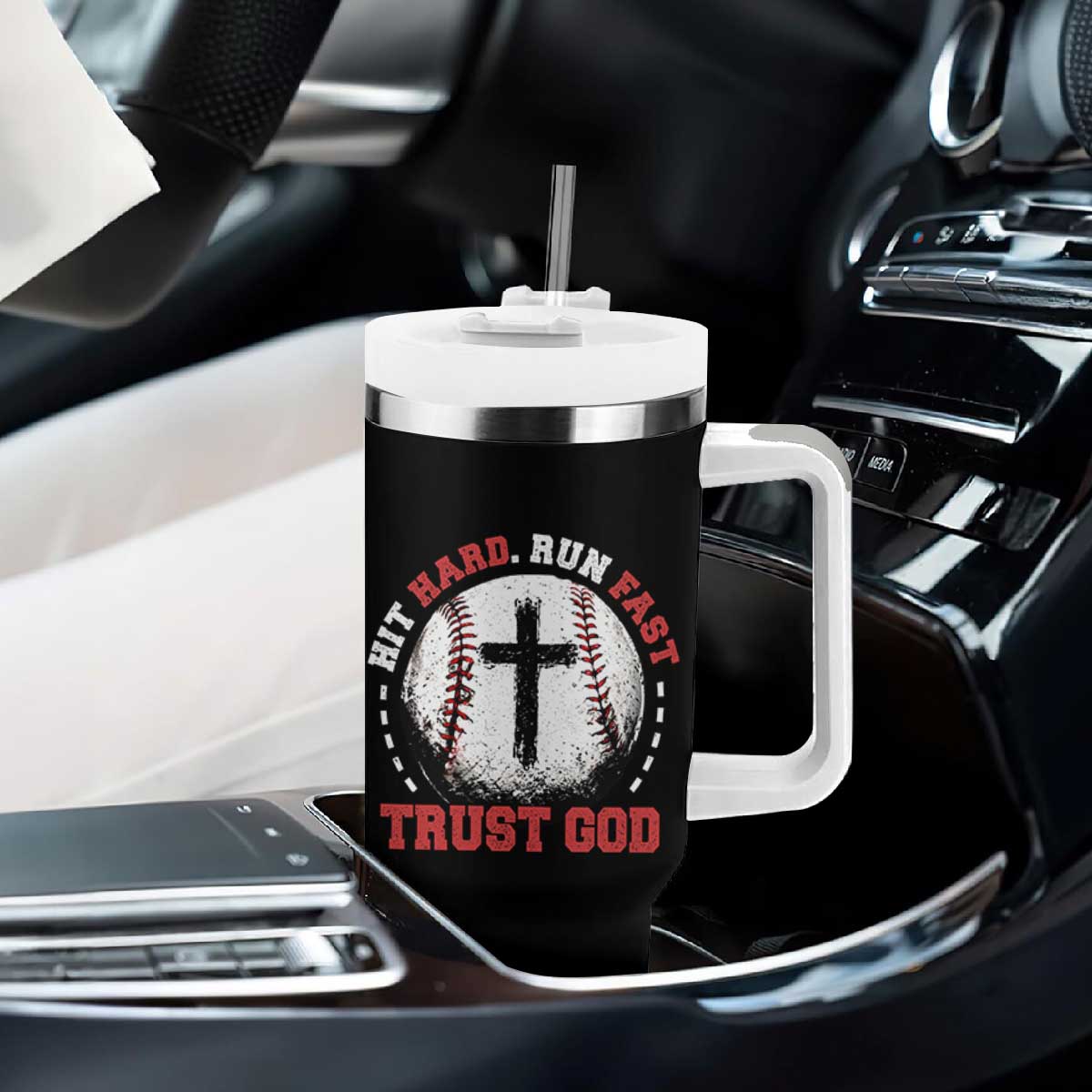 Hit Hard Run Fast Trust God Tumbler With Handle Christian Baseball