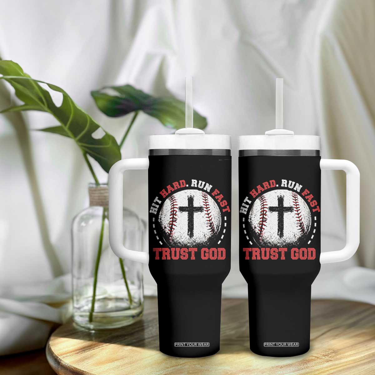 Hit Hard Run Fast Trust God Tumbler With Handle Christian Baseball