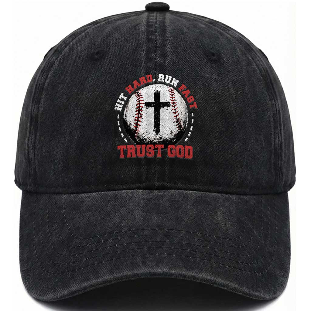 Hit Hard Run Fast Trust God Washed Cotton Baseball Cap Christian Baseball