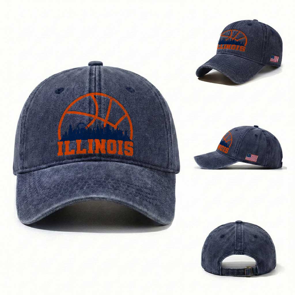 Illinois Fan Washed Cotton Baseball Cap IL State Basketball Game Day TS11 Washed Cap Universal Fit Navy Print Your Wear