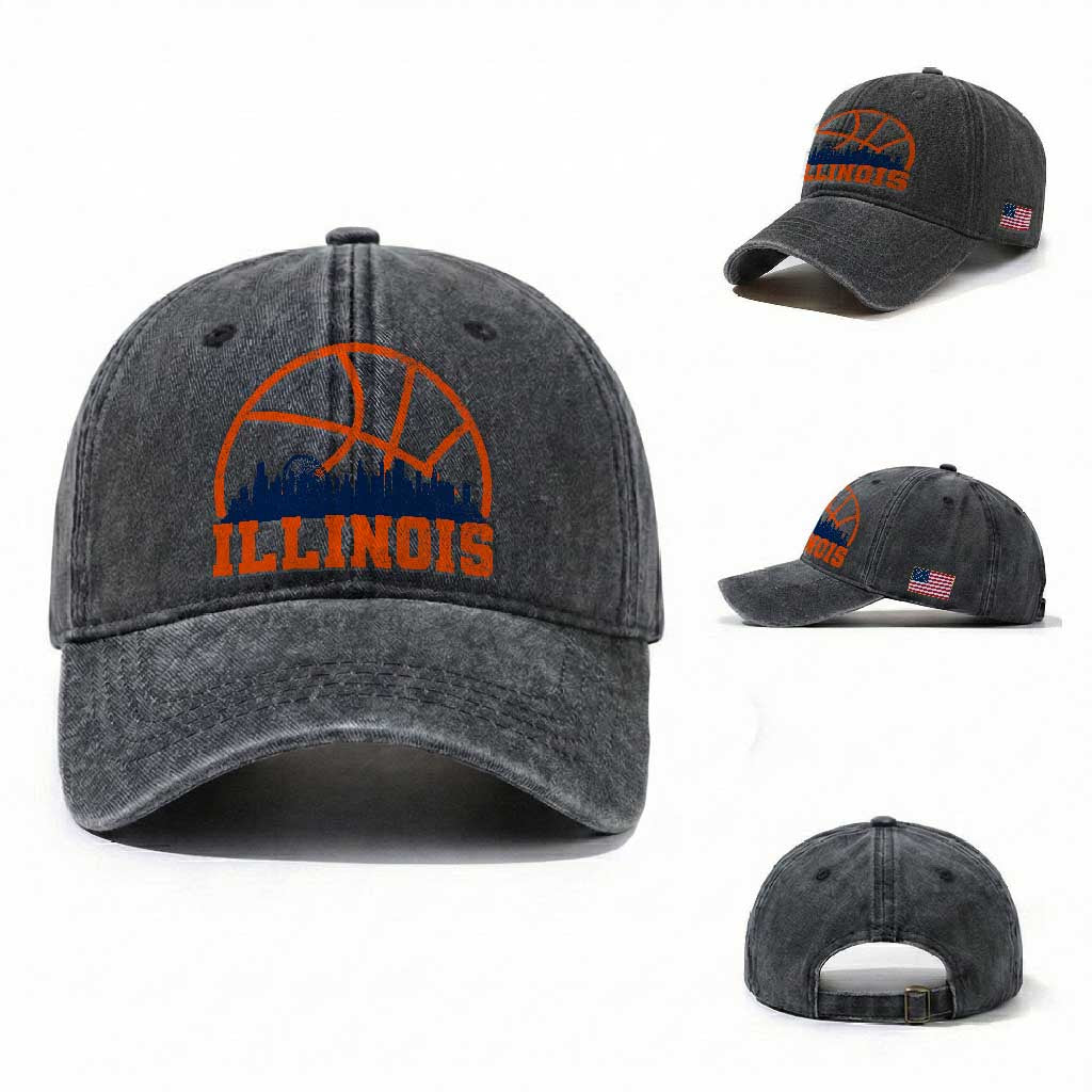 Illinois Fan Washed Cotton Baseball Cap IL State Basketball Game Day TS11 Washed Cap Universal Fit Dark Gray Print Your Wear
