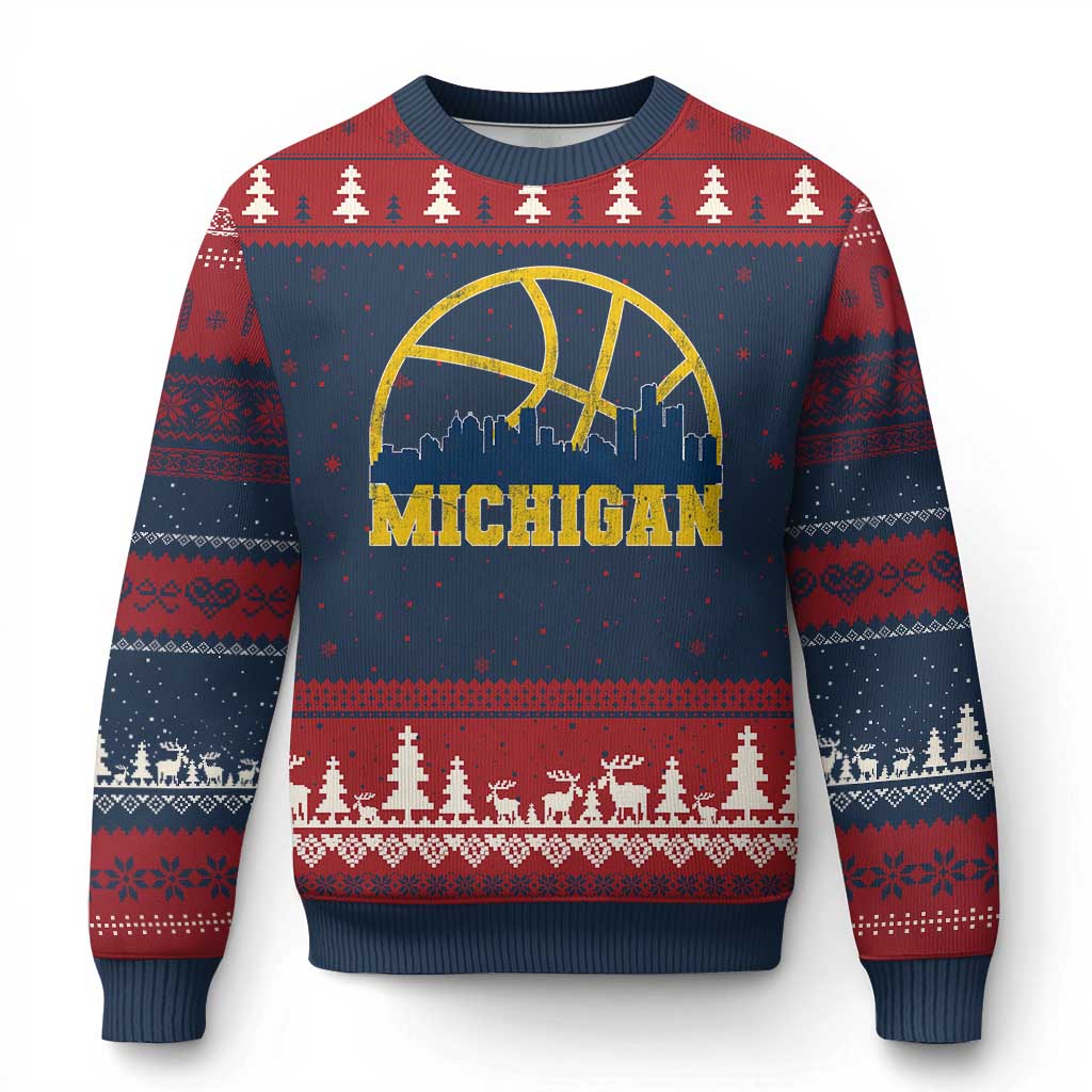 Michigan Fan Basketball Grooves Skyline MI State Ugly Christmas Sweater TS11 Navy Red Print Your Wear