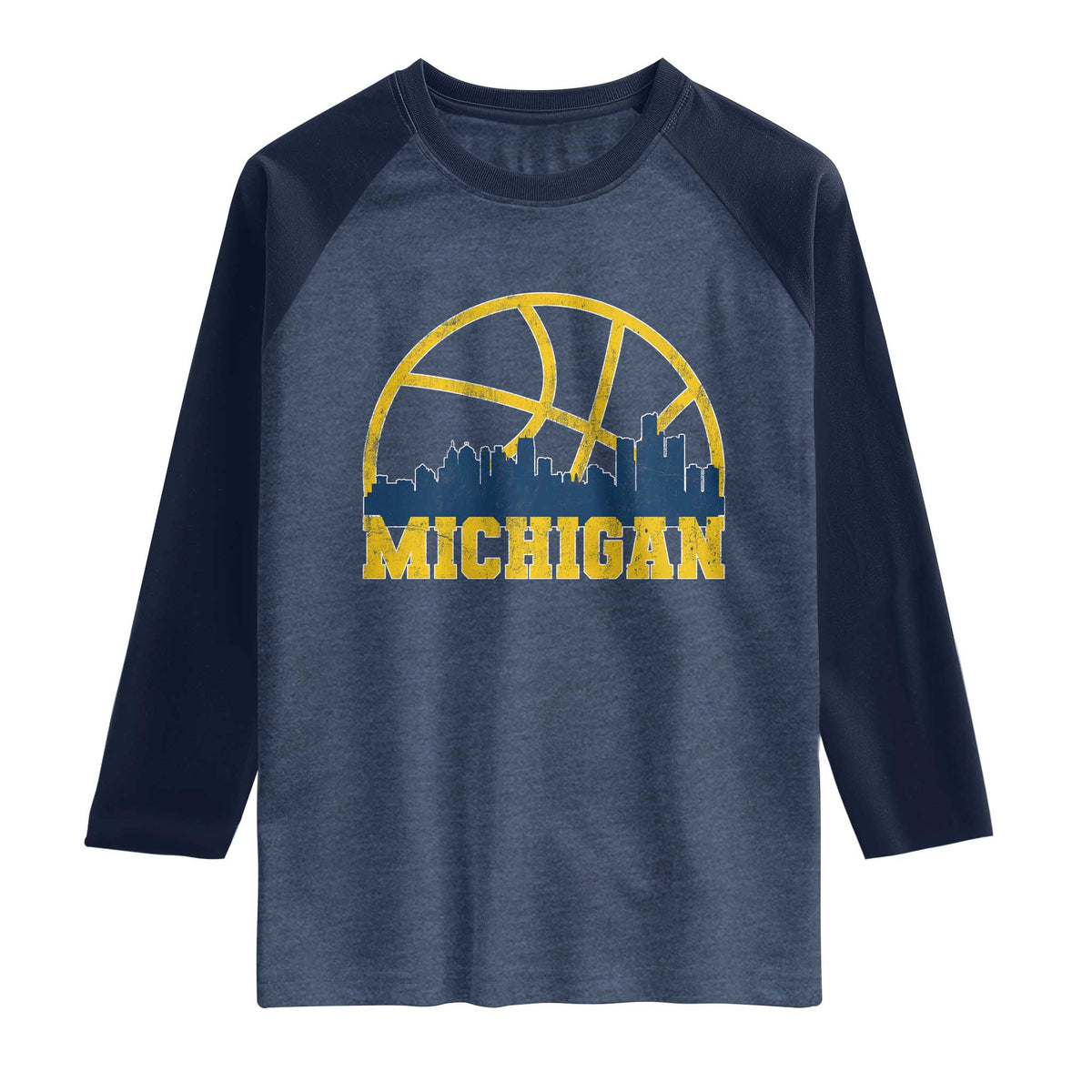 Michigan Fan Basketball Grooves Skyline MI State Raglan Shirt TS11 Heather Denim Navy Print Your Wear