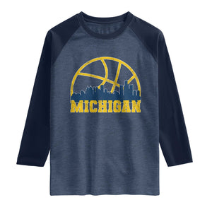 Michigan Fan Basketball Grooves Skyline MI State Raglan Shirt TS11 Heather Denim Navy Print Your Wear