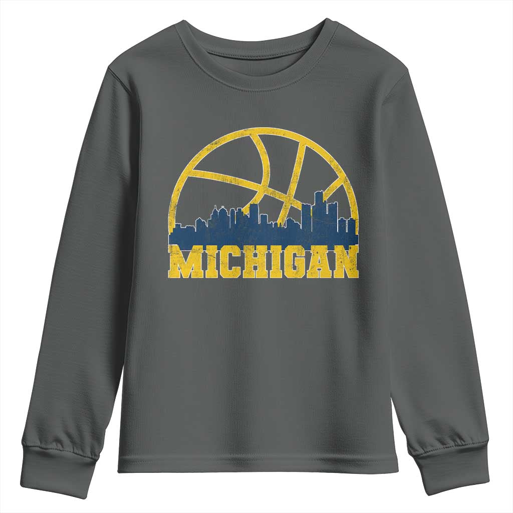 Michigan Fan Basketball Grooves Skyline MI State Youth Sweatshirt TS11 Dark Heather Print Your Wear