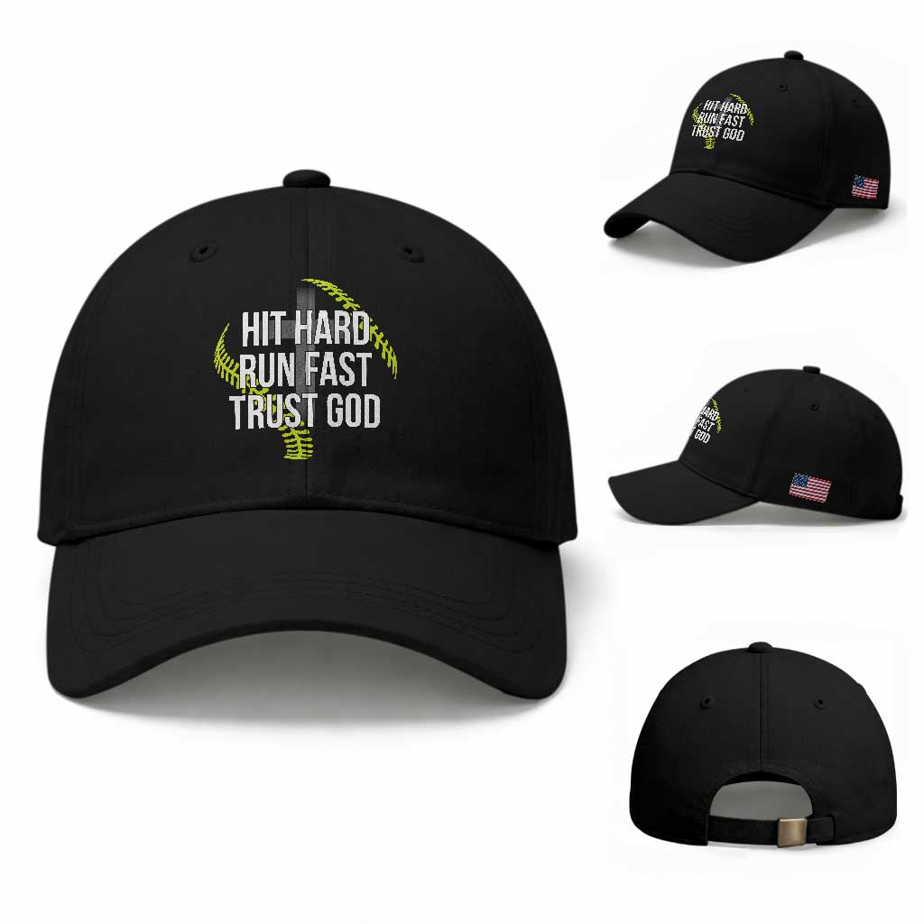 Hit Hard Run Fast Trust God Christian Softball Baseball Cap TS11 Baseball Cap Universal Fit Black Print Your Wear