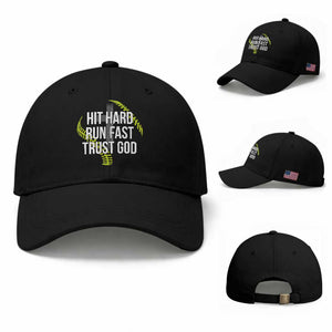 Hit Hard Run Fast Trust God Christian Softball Baseball Cap TS11 Baseball Cap Universal Fit Black Print Your Wear