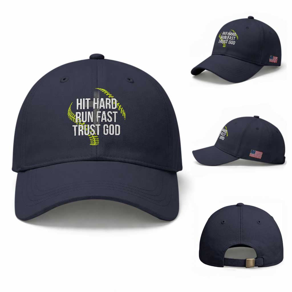 Hit Hard Run Fast Trust God Christian Softball Baseball Cap TS11 Baseball Cap Universal Fit Navy Print Your Wear