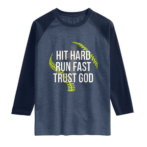 Hit Hard Run Fast Trust God Christian Softball Raglan Shirt TS11 Heather Denim Navy Print Your Wear