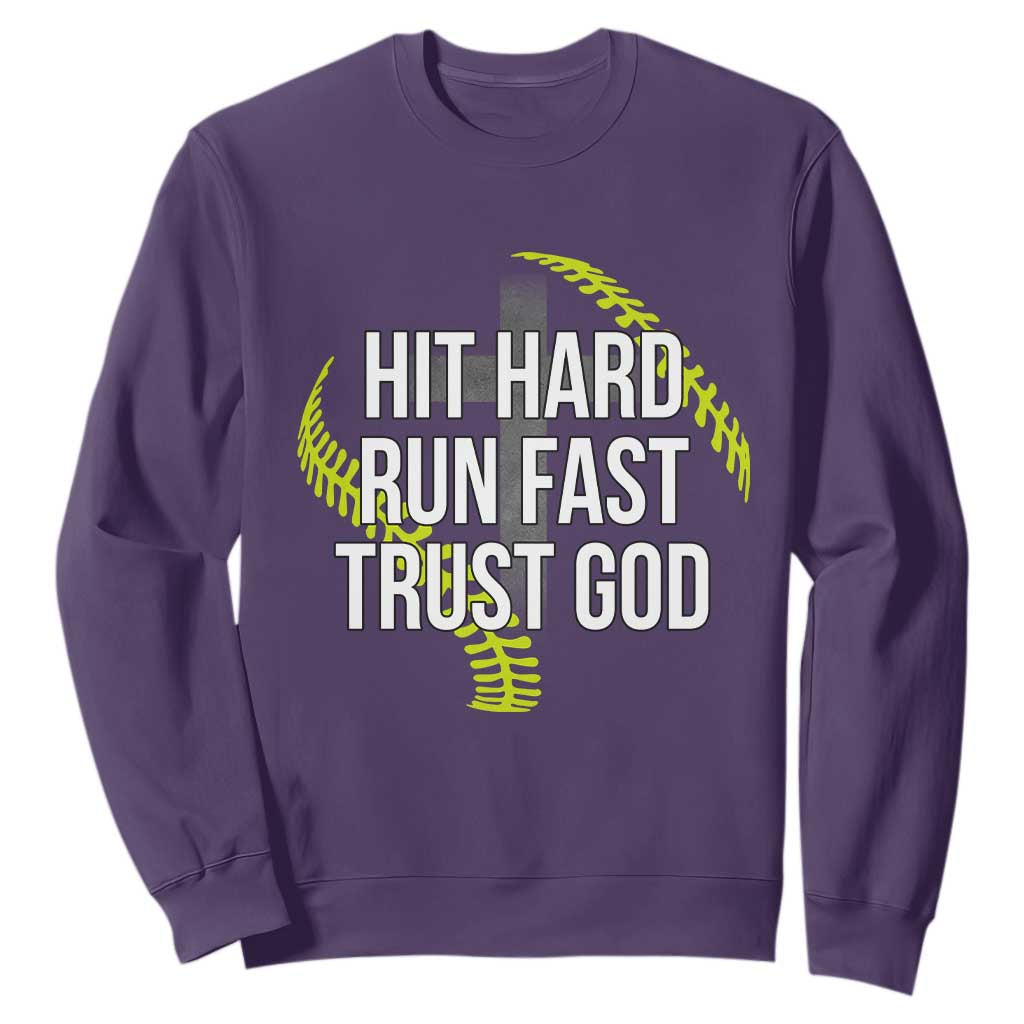 Hit Hard Run Fast Trust God Christian Softball Sweatshirt TS11 Purple Print Your Wear