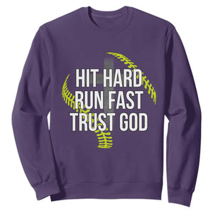 Hit Hard Run Fast Trust God Christian Softball Sweatshirt TS11 Purple Print Your Wear