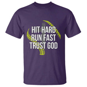 Hit Hard Run Fast Trust God Christian Softball T Shirt TS11 Purple Print Your Wear