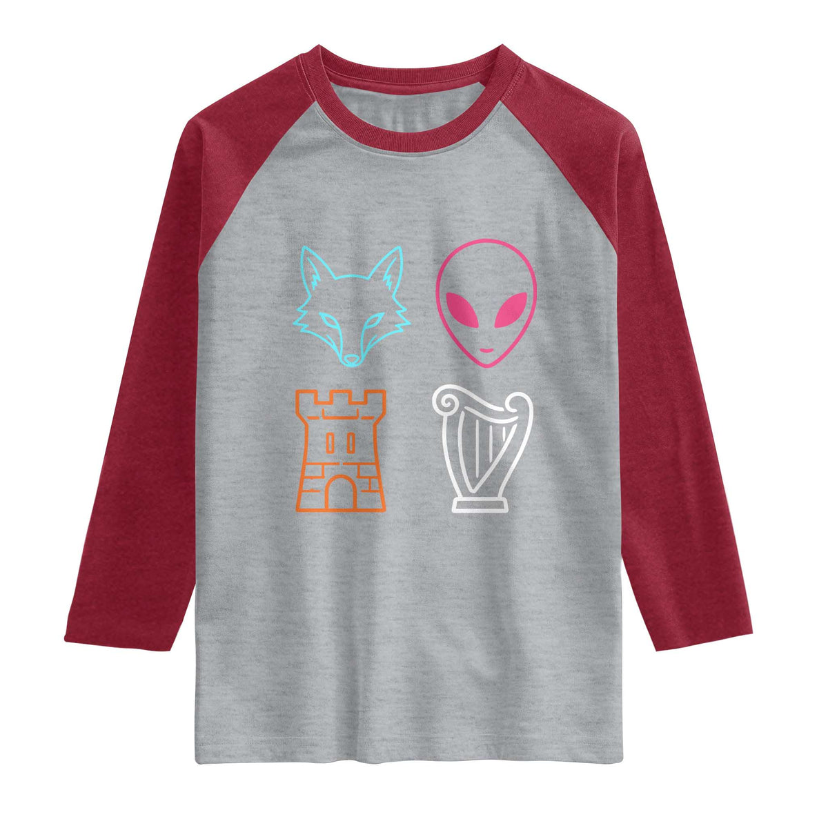 Fox Alien Castle Harp Retro Raglan Shirt San Antonio Texas Sports TS11 Heather Gray Heather Red Print Your Wear