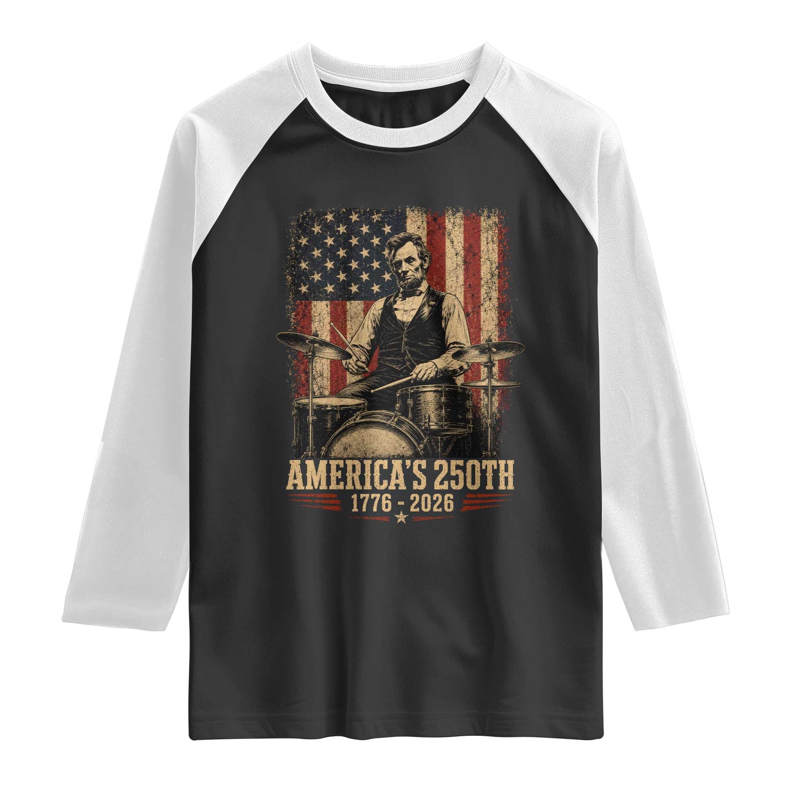 America's 250th Abraham Lincoln Playing Guitar 1776 2026 Raglan Shirt Funny Electric Guitar Player TS11 Black White Print Your Wear