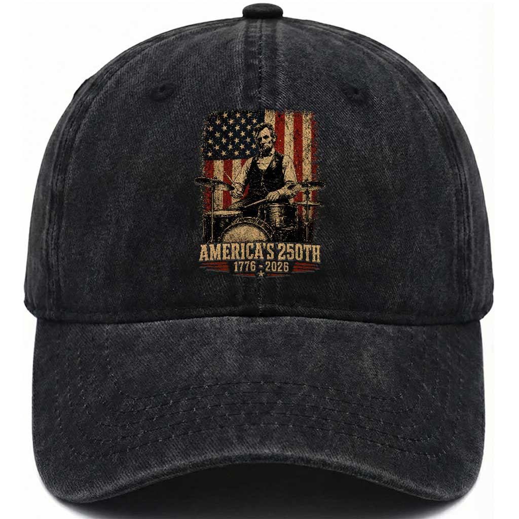 America's 250th Abraham Lincoln Playing Guitar 1776 2026 Washed Cotton Baseball Cap Funny Electric Guitar Player TS11 Print Your Wear