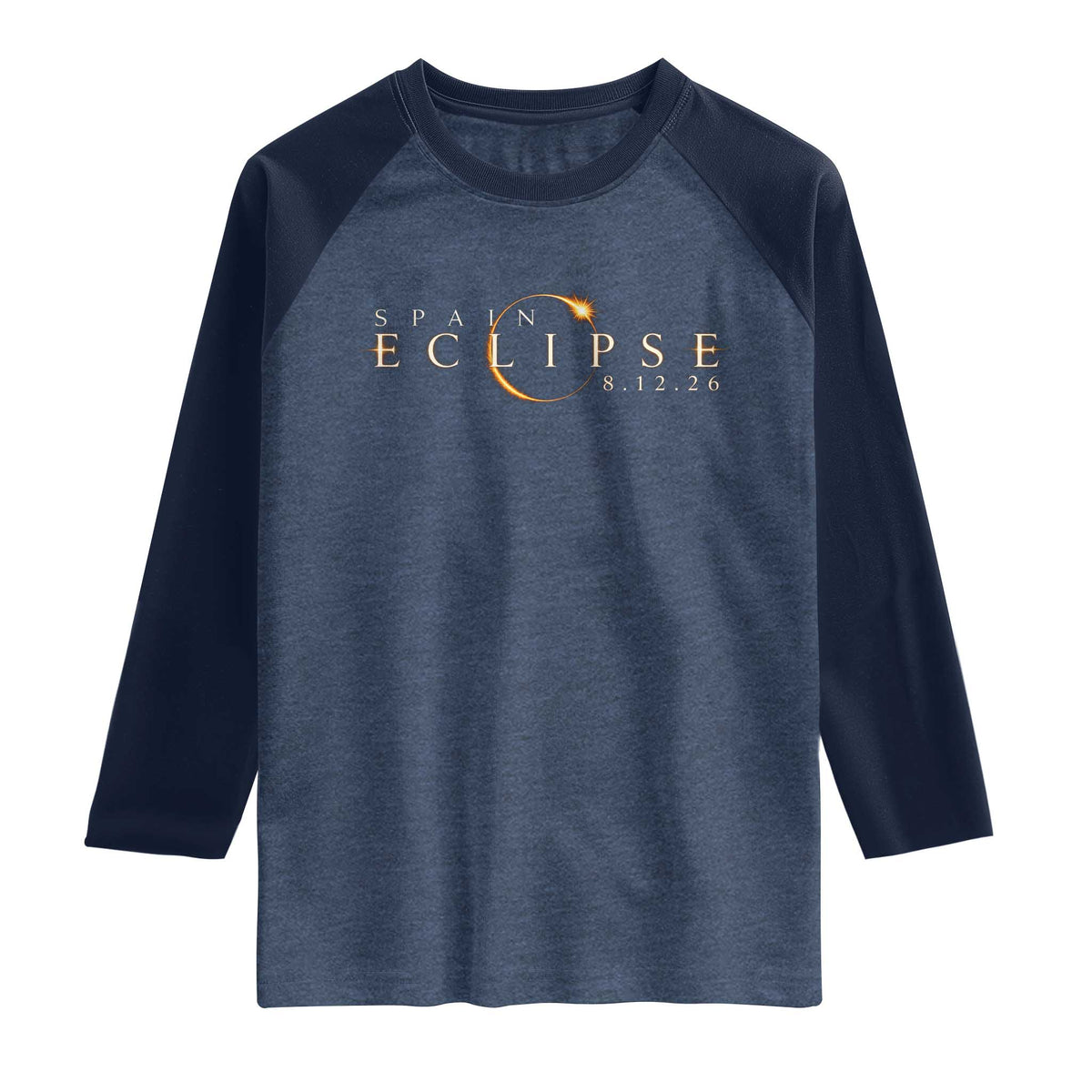 Spain Solar Eclipse 2026 Raglan Shirt August 12 2026 Total Eclipse TS11 Heather Denim Navy Print Your Wear