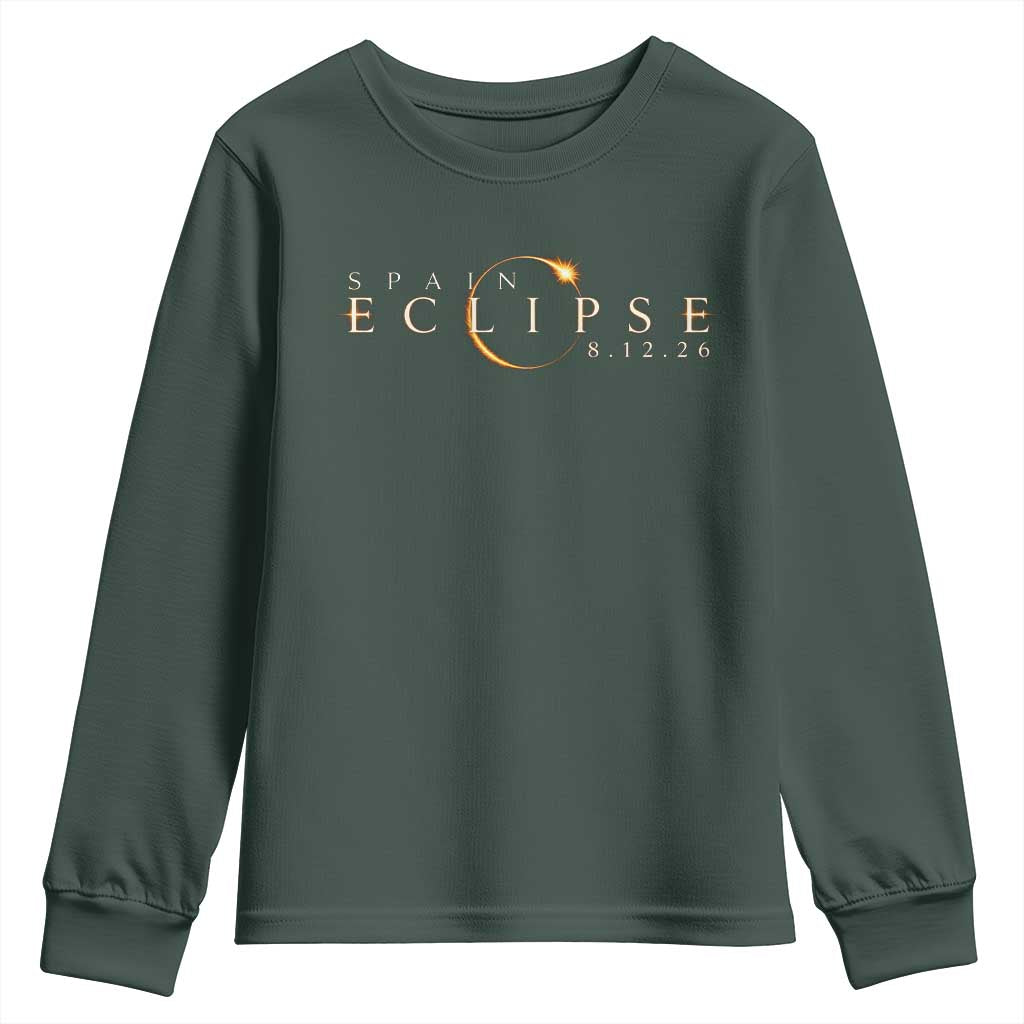 Spain Solar Eclipse 2026 Youth Sweatshirt August 12 2026 Total Eclipse TS11 Dark Forest Green Print Your Wear