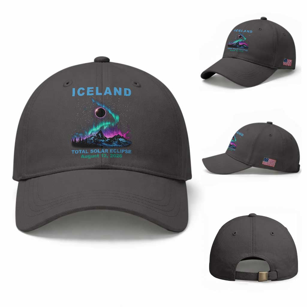Iceland Total Solar Eclipse 2026 Baseball Cap August 12 Eclipse Totality Chaser Aurora Northern Lights TS11 Baseball Cap Universal Fit Dark Gray Print Your Wear