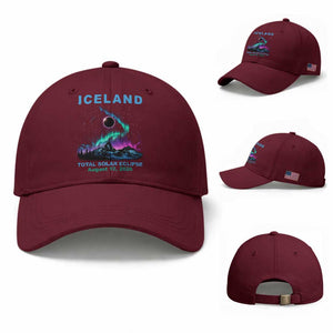 Iceland Total Solar Eclipse 2026 Baseball Cap August 12 Eclipse Totality Chaser Aurora Northern Lights TS11 Baseball Cap Universal Fit Maroon Print Your Wear