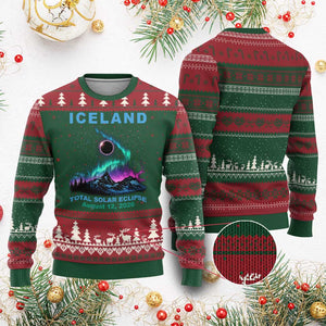 Iceland Total Solar Eclipse 2026 Ugly Christmas Sweater August 12 Eclipse Totality Chaser Aurora Northern Lights TS11 Red Green Print Your Wear