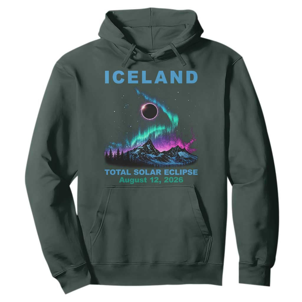 Iceland Total Solar Eclipse 2026 Hoodie August 12 Eclipse Totality Chaser Aurora Northern Lights TS11 Dark Forest Green Print Your Wear