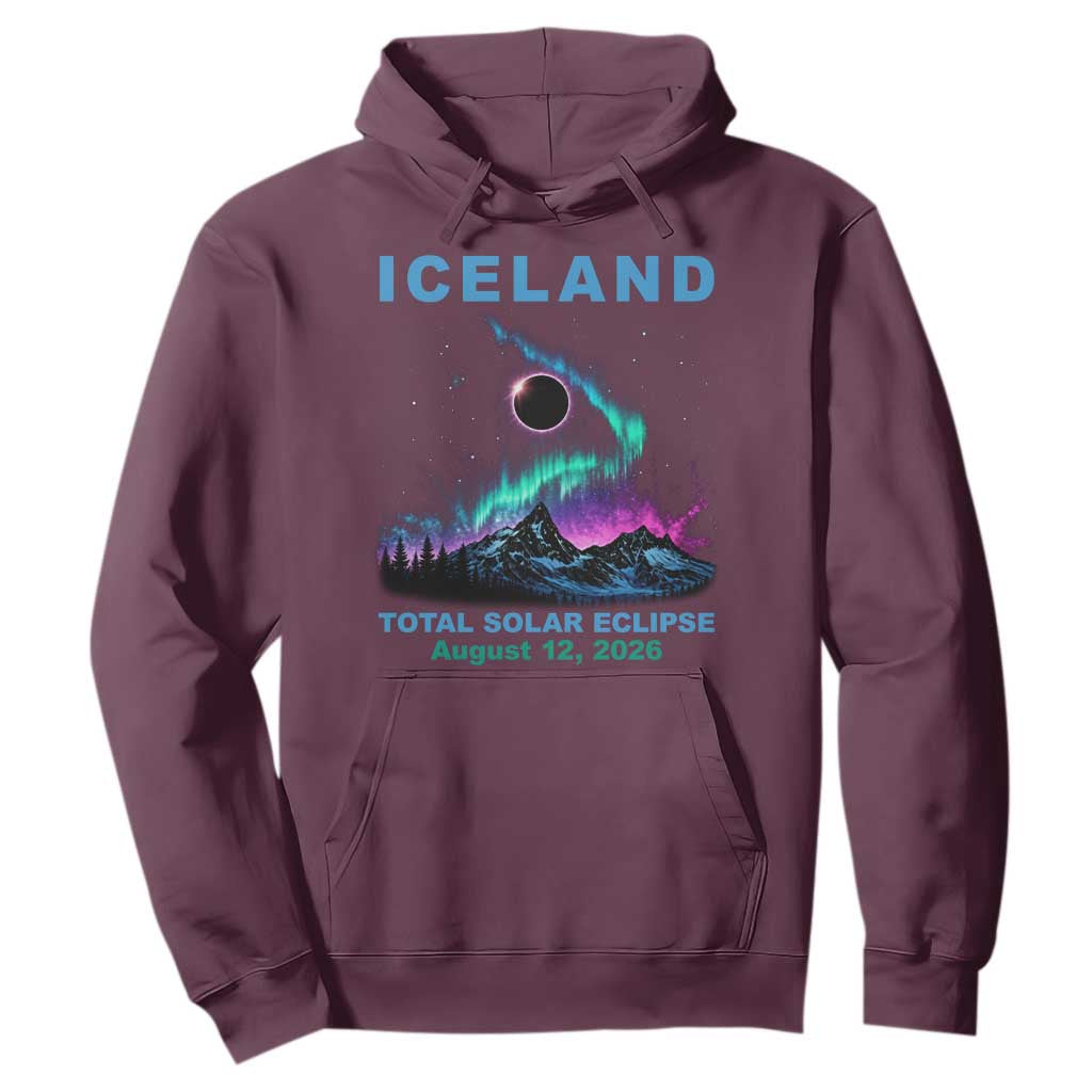 Iceland Total Solar Eclipse 2026 Hoodie August 12 Eclipse Totality Chaser Aurora Northern Lights TS11 Maroon Print Your Wear